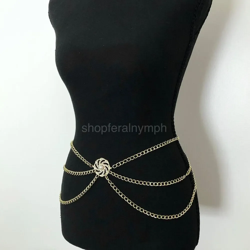 Coquette Gold Rhinestone Pearl Draped Chain Belt, Fits 28–41 Inches, X7GA1186